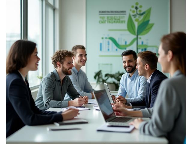 Professional team in a meeting discussing sustainability. Clean, modern office environment.